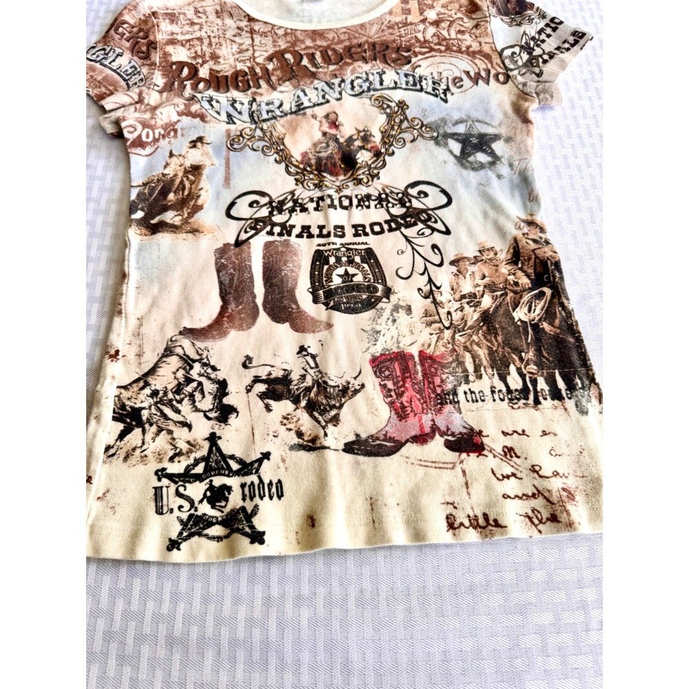 Fornia Wrangler Rough Riders Rodeo Graphic Tee Rhinestone Cream Medium USA - Picture 7 of 9